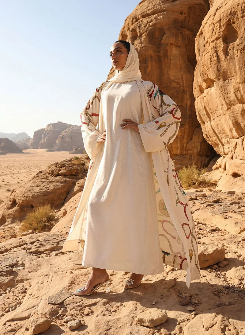 آي شين عباية طويلة مطبوعة منسوجة بلون أوف وايت مع حجاب